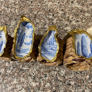 Blue and White Toile Oyster Shell Napkin Rings