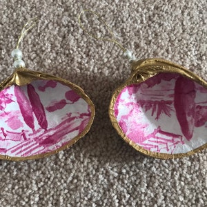 Pink and White Toile Decoupage Clam Shell Ornament