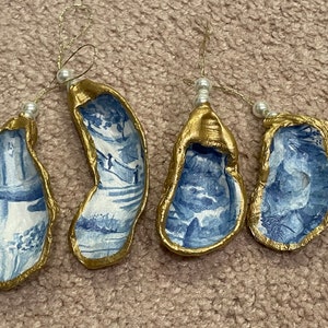 Set of Four Blue & White Toile Oyster Ornaments