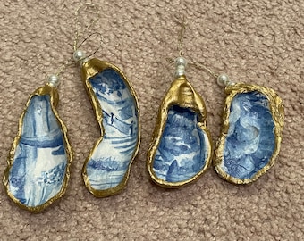 Set of Four Blue & White Toile Oyster Ornaments