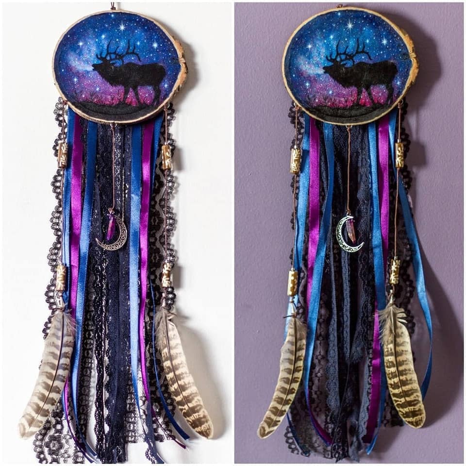 Décoration Murale, Cerf, Attrape-Rêves, Peinture sur Bois, Nuit Étoilée, Animal Totem, Curiosité, Pa
