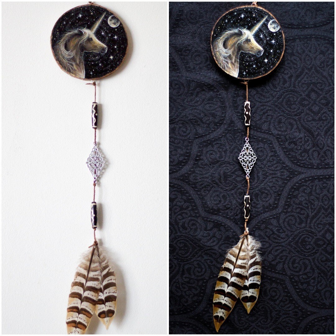 Décoration Murale, Licorne, Attrape-Rêves, Peinture sur Bois, Nuit Étoilée, Animal Totem, Féérique,