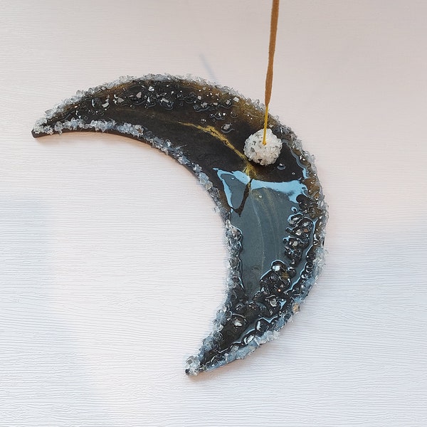 Handgefertigter Räucherstäbchenhalter aus Resin und Glas.  Mond Stäbchenhalter, räucherschale,  handgemachte räucherschale,crecent moon