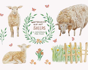 LAMBS Watercolor Digital Clipart 11 PNG Files, Easter Lamb clipart, Home farm animals watercolor clipart