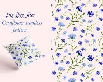 Floral seamless digital Pattern, 2 png 2 jpeg files, Hand drawn repeat patterns, Blue cornflower, instant download, transparent background