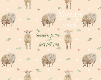 Boho lambs watercolor seamless patern, Jpeg, Png , Pdf files