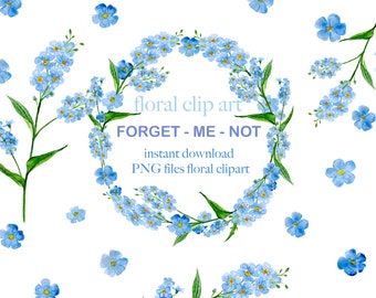 Floral clipart, instant download, 9 PNG files, forget-me-not flower watercolor art, transparent background