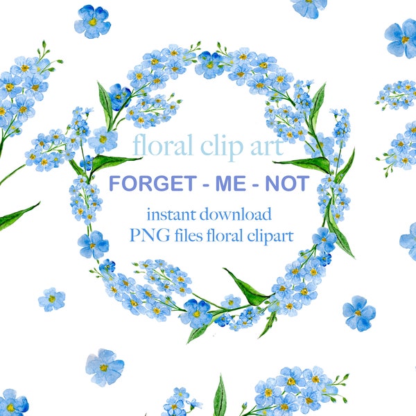 Floral clipart, instant download, 9 PNG files, forget-me-not flower watercolor art, transparent background