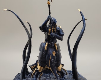 May include: A dark blue and gold figurine of a warrior figure holding a spear. The figure is standing on a textured base with dark blue tentacles rising around it. The spear has a gold blade.
