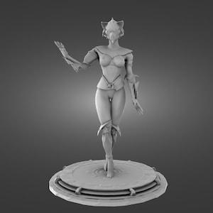 May include: A grayscale 3D-printed figurine of a humanoid figure with an avian-like head and ornate armor. The figure is posed with one arm raised, standing on a circular platform with layered details. The overall design suggests a fantasy or science fiction theme.