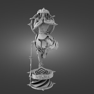 May include: A grayscale statue of a figure in a dynamic pose, with one leg raised and arms in a prayer position. The statue is mounted on a base with the name "NEZHA" inscribed. A staff extends from the base, adding to the intricate design.