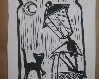 Lantern Sprite Linocut Print, with Sticker option