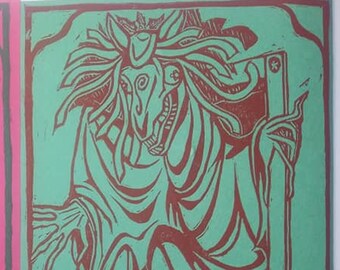 Mari Lwyd Holiday Linocut Print, with Sticker and Card option