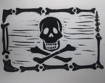 Piraten Flagge Linoldruck, mit Aufkleber-Option