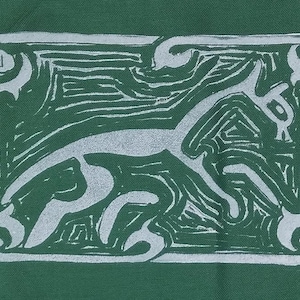 May include: A white stylized image of a running animal, possibly a dog or a horse, on a green background. The image is framed with a thick black border and the letter "K" is visible in the top left corner.