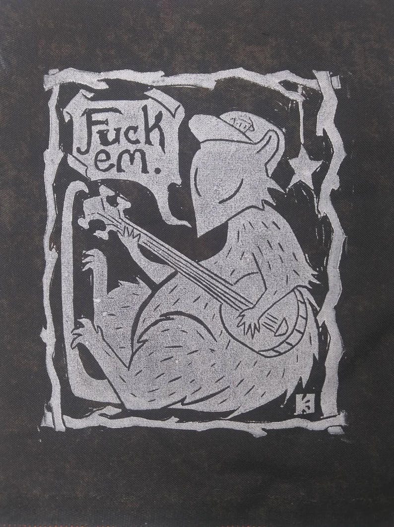 Folkpunk Possum with a Banjo Linocut Punk Patch (w. Glow in the Dark Option) image 1