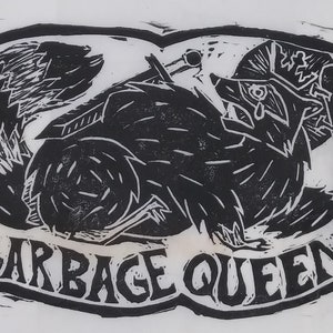 Garbage Queen Linocut Print, with Sticker option