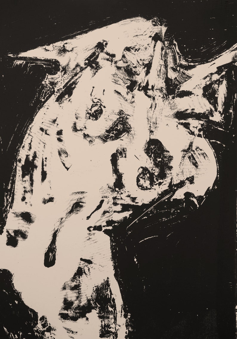 May include: A black and white abstract print with a textured, brushstroke effect. The print features a large, white shape in the center, with smaller, black shapes surrounding it.