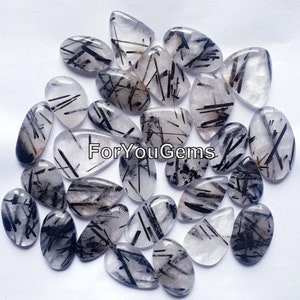 Black Rutile Stone Wholesale Black Rutile Cabochons Lot Loose Flat back Cab Natural Rutile Quartz Gemstone bulk crystal Cab sale image 3