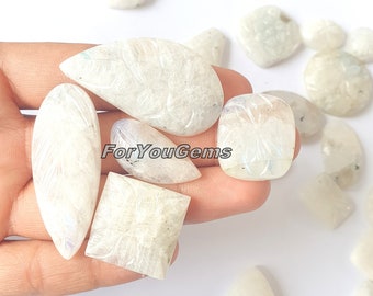 Carved Rainbow Moonstone Pack! White Carved Moonstone Cabochon Lot- Rainbow Moonstone Crystal lot - Smooth Flashy Cab For Jewelry