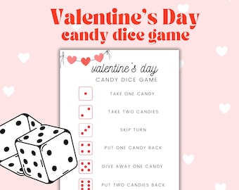 Pode incluir: Um jogo de dados de doces imprimível para o Dia dos Namorados com instruções sobre como jogar. As instruções incluem pegar um ou dois doces, pular uma rodada, devolver um doce, dar um doce e devolver dois doces.
