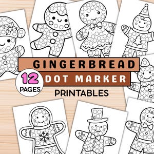 Puede incluir: Una colección de 12 páginas imprimibles con rotuladores de puntos que presentan hombres de jengibre con varios atuendos festivos. Cada personaje de jengibre tiene un diseño punteado para colorear con rotuladores de puntos. Se muestra el texto "GINGERBREAD 12 DOT MARKER PRINTABLES".