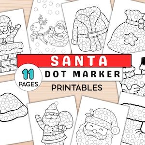 Puede incluir: Una colección de 11 imprimibles de marcadores de puntos con temática de Papá Noel. Cada página presenta una imagen diferente relacionada con la Navidad, como Papá Noel, una chimenea y un calcetín, con círculos de puntos para colorear.