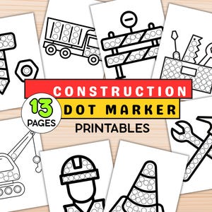 Peut inclure: Imprimables de marqueurs à points sur le thème de la construction, avec des images de camion benne, d'outils et de panneaux de chantier. L'ensemble comprend 13 pages d'illustrations en noir et blanc à colorier.