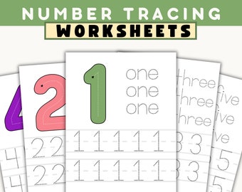 May include: Number tracing worksheets for kids. The worksheets feature the numbers 1, 2, 3, 4, and 5 with dotted lines for tracing. The words "one", "two", "three", "four", and "five" are also included.