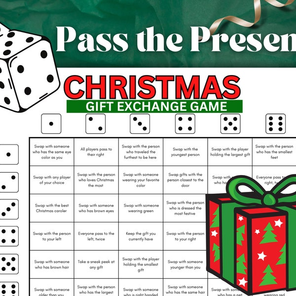 Christmas Gift Exchange Dice Game, Roll the Dice Gift Exchange, Pass the Present, Double Dice Gift Game, White Elephant, Holiday Party Game