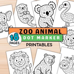 Pagine da colorare con i puntini a tema animali dello zoo (PDF stampabile) / Attività "Do A Dot" con gli animali dello zoo / Schede didattiche per bambini in età prescolare con i puntini / Download immediato
