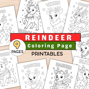 May include: A collection of nine printable reindeer coloring pages. Each page features a different reindeer character, including Cupid, Vixen, Comet, and others. The pages are black and white line drawings, perfect for coloring.