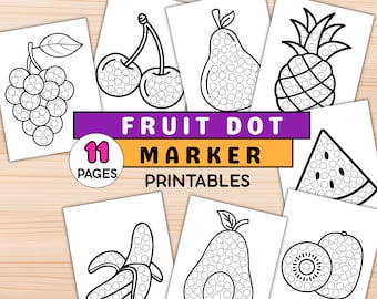 May include: A collection of 11 printable pages featuring fruit outlines with dot markers. The images include a bunch of grapes, cherries, a pear, a pineapple, a watermelon slice, a banana, an avocado, and kiwi slices.