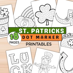 Op de afbeelding: Een verzameling stippenmarkeringsprints voor St. Patrick's Day. De afbeeldingen bevatten klavers, regenbogen en kabouters. De tekst op de prints luidt "St. Patricks Dot Marker Printables" en "18 Pages".