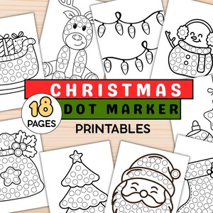 May include: A collection of Christmas-themed dot marker printables. The images include a sleigh, reindeer, snowman, Christmas lights, ornaments, a gift bag, a Christmas tree, Santa Claus, and a stocking. The text reads "CHRISTMAS DOT MARKER PRINTABLES" and "18 PAGES".