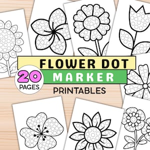May include: A collection of black and white dot marker coloring pages featuring various flower designs. The central text reads FLOWER DOT MARKER 20 PAGES PRINTABLES. Each page displays a unique floral illustration composed of circular outlines.