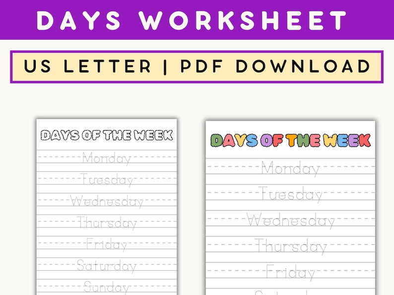 Preschool Days of the Week Worksheets, Printable Tracing Sheets, Days ...