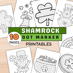 May include: A collection of ten printable pages featuring St. Patrick's Day-themed dot marker activities. The designs include shamrocks, leprechauns, pots of gold, and rainbows, all in a black and white outline.