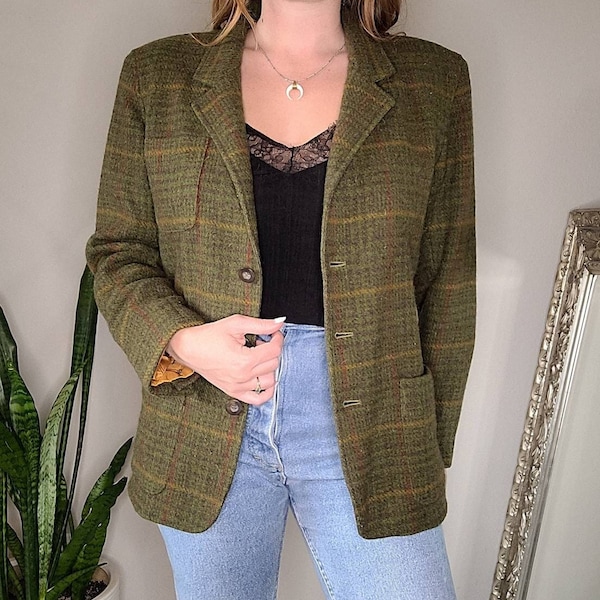 Vintage 90s Olive Green Plaid Wool Blazer, Size S, Houndstooth Check Dark Academia Oversized Prep School Trendy Menswear Career Burnt Orange