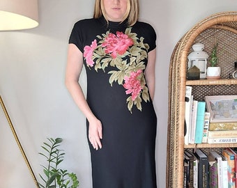 ON HOLD for Emma Vintage 90s Black Floral Dress, Size M Bias Cut Rayon Reversible Dress, Pink Peony Flower Keyhole Mockneck Cap Sleeve