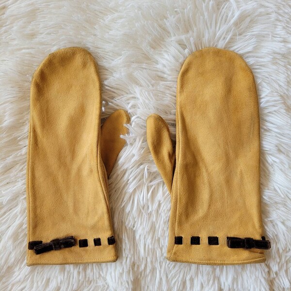 Vintage 90s/00s Miu Miu Caramel Suede Leather Mittens, Italian Designer Lambskin Silk-Lined Gloves, Miuccia Prada Girly Velvet Bow Ribbon