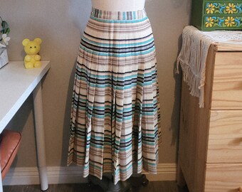 Vintage 50s Pendleton Reversible Turnabout Skirt, Size XS/S 26" Waist, Cream / Tan / Teal / Black Striped Pleated Midi Ankle Length Skirt