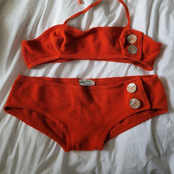 Vintage 60s Mod Orange Wool Bikini, Women's Size Large/XL, Abalone Buttons Two-Piece Knit Bathing Swimsuit by Surf Eze Westwood Los Angeles