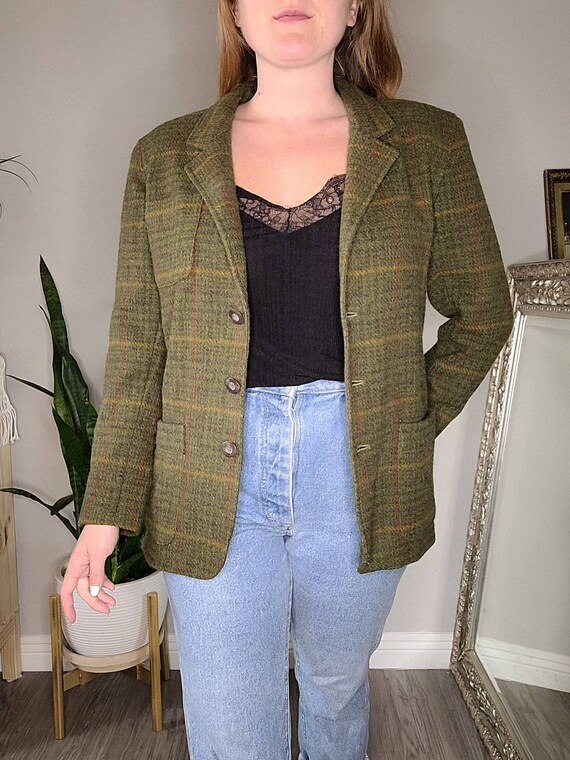 Vintage 90s Olive Green Plaid Wool Blazer, Size S… - image 4