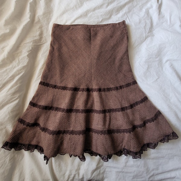 Vintage Y2K 2000s Brown Tweed Lace Skirt, Medium 31" W, Studio Y Tiered Ruffle Hem Feminine Girly Pink Above the knee Channel Miu Miu Style