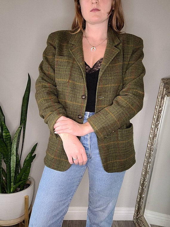 Vintage 90s Olive Green Plaid Wool Blazer, Size S… - image 2