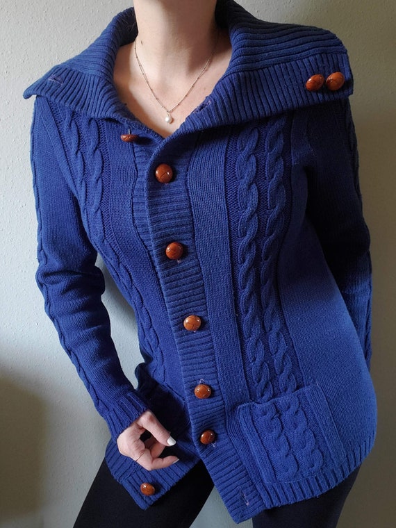 Vintage 70s Chunky Navy Cable Knit Cardigan, Size… - image 1