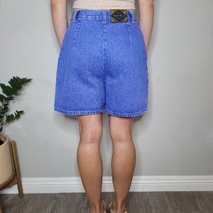 Vintage 90s Cotton Denim Mom Skort, Medium 28 Waist, High Rise Watch LA USA Blue Jean Wrap Skirt Shorts, Silver Belt Buckle Hardware image 4