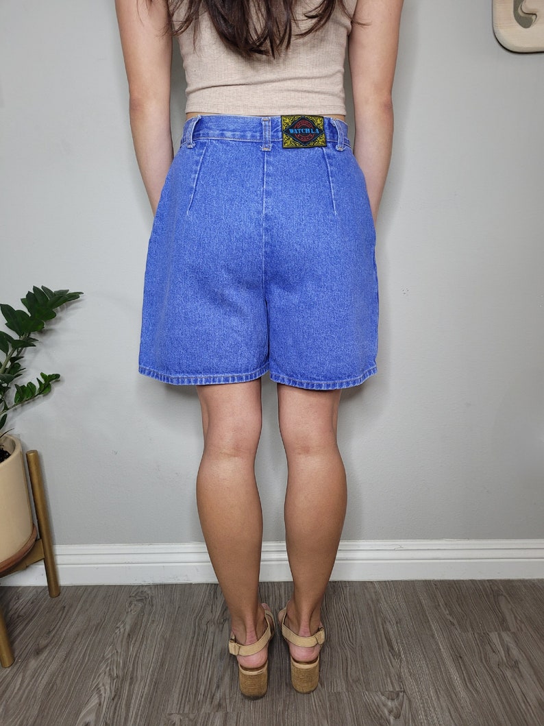 Vintage 90s Cotton Denim Mom Skort, Medium 28 Waist, High Rise Watch LA USA Blue Jean Wrap Skirt Shorts, Silver Belt Buckle Hardware image 4