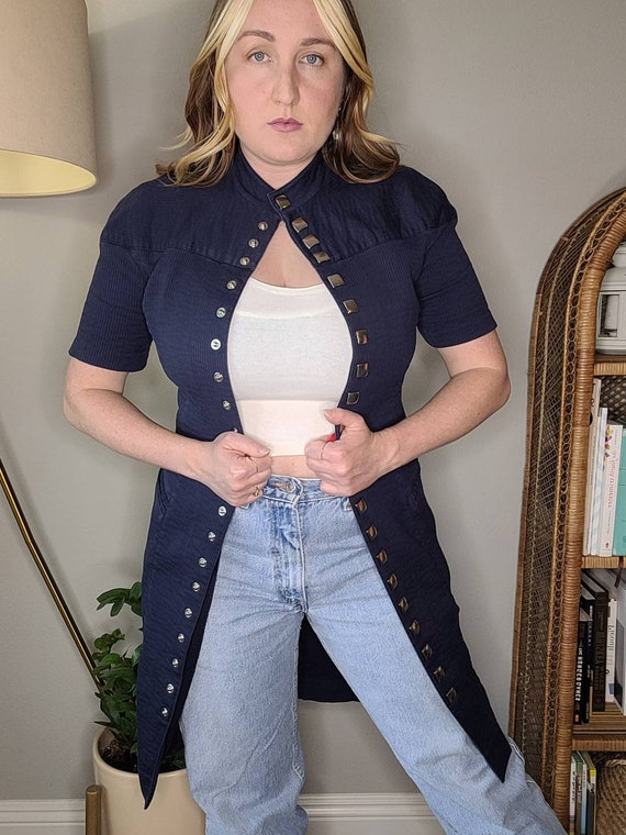 Vintage Paco Rabanne Navy Dress, Silver Metal Square Snaps Retro